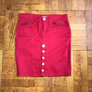Red Pencil Skirt With Denim Finishings